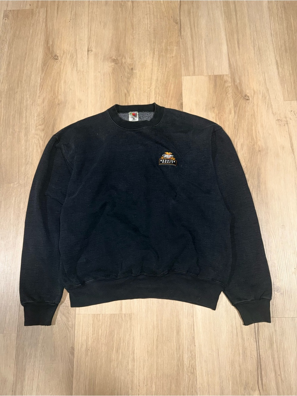 Fruit of the Loom Miller lite Beer Black Crewneck Sweater with Embroidered Logo